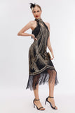 Robe scintillante à paillettes dorées noires à franges des années 20 avec ensemble d’accessoires