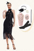 Charger l&#39;image dans la galerie, Robe noire scintillante à paillettes à col rond à franges des années 20 avec ensemble d’accessoires