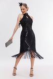 Robe noire scintillante à paillettes à col rond à franges des années 20 avec ensemble d’accessoires