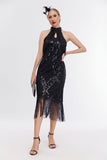 Robe noire scintillante à paillettes à col rond à franges des années 20 avec ensemble d’accessoires