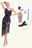 Robe scintillante noire asymétrique à paillettes frangées des années 20 avec ensemble d’accessoires