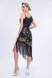 Robe scintillante noire asymétrique à paillettes frangées des années 20 avec ensemble d’accessoires