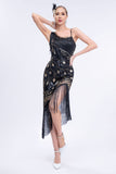 Robe scintillante noire asymétrique à paillettes frangées des années 20 avec ensemble d’accessoires
