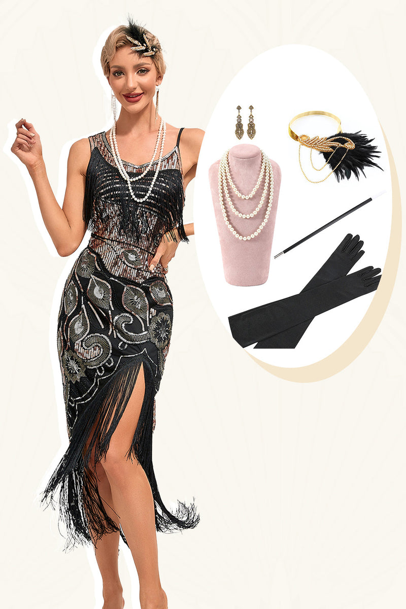 Charger l&#39;image dans la galerie, Paillettes noires scintillantes franges asymétriques des années 20 Gatsby robe avec accessoires ensemble