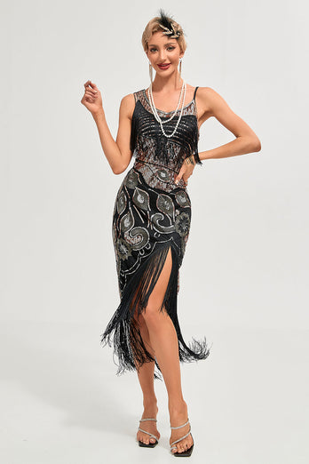 Paillettes noires scintillantes franges asymétriques des années 20 Gatsby robe avec accessoires ensemble
