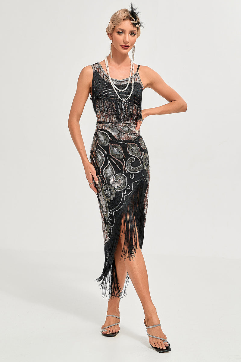 Charger l&#39;image dans la galerie, Paillettes noires scintillantes franges asymétriques des années 20 Gatsby robe avec accessoires ensemble
