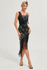 Charger l&#39;image dans la galerie, Paillettes noires à paillettes frangées des années 20 Gatsby robe avec accessoires