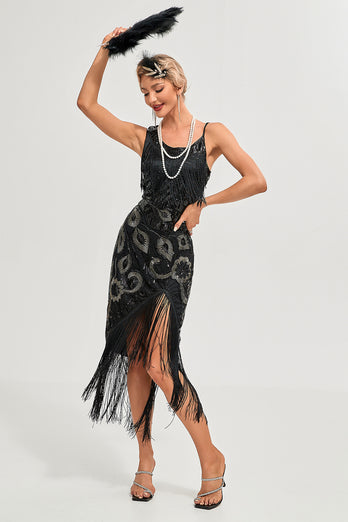 Paillettes noires à paillettes frangées des années 20 Gatsby robe avec accessoires