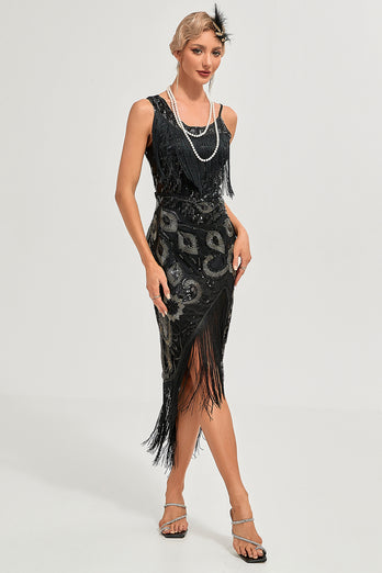 Paillettes noires à paillettes frangées des années 20 Gatsby robe avec accessoires