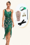 Paillettes vert foncé scintillant franges asymétriques des années 20 Gatsby robe avec accessoires