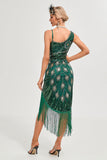 Paillettes vert foncé scintillant franges asymétriques des années 20 Gatsby robe avec accessoires