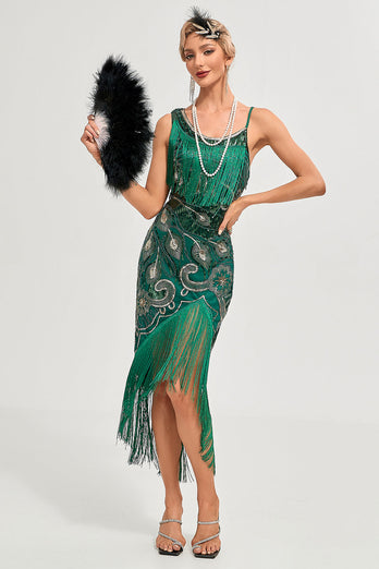 Paillettes vert foncé scintillant franges asymétriques des années 20 Gatsby robe avec accessoires