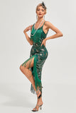Paillettes vert foncé scintillant franges asymétriques des années 20 Gatsby robe avec accessoires