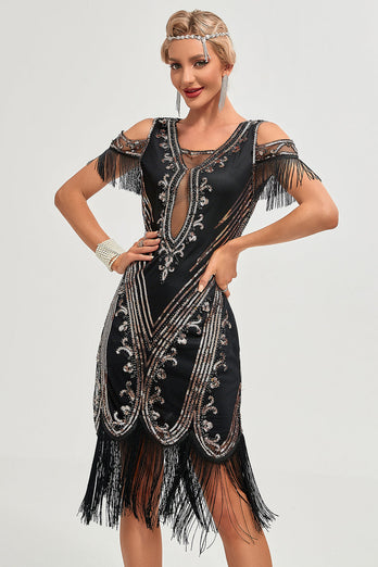 Paillettes noires paillettes franges des années 20 Gatsby robe avec accessoires