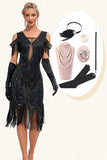 Paillettes noires épaule froide paillettes franges des années 20 Gatsby robe avec accessoires ensemble