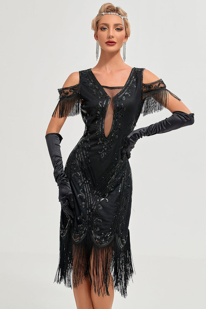 Charger l&#39;image dans la galerie, Paillettes noires épaule froide paillettes franges des années 20 Gatsby robe avec accessoires ensemble