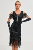 Paillettes noires épaule froide paillettes franges des années 20 Gatsby robe avec accessoires ensemble