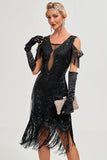 Paillettes noires épaule froide paillettes franges des années 20 Gatsby robe avec accessoires ensemble
