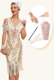 Paillettes Champagne épaule froide paillettes franges des années 20 Gatsby robe avec accessoires