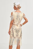 Paillettes Champagne épaule froide paillettes franges des années 20 Gatsby robe avec accessoires