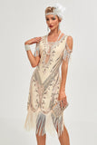 Paillettes Champagne épaule froide paillettes franges des années 20 Gatsby robe avec accessoires