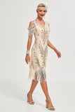 Paillettes Champagne épaule froide paillettes franges des années 20 Gatsby robe avec accessoires