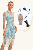 Paillettes vert épaule froide paillettes franges des années 20 Gatsby robe avec accessoires