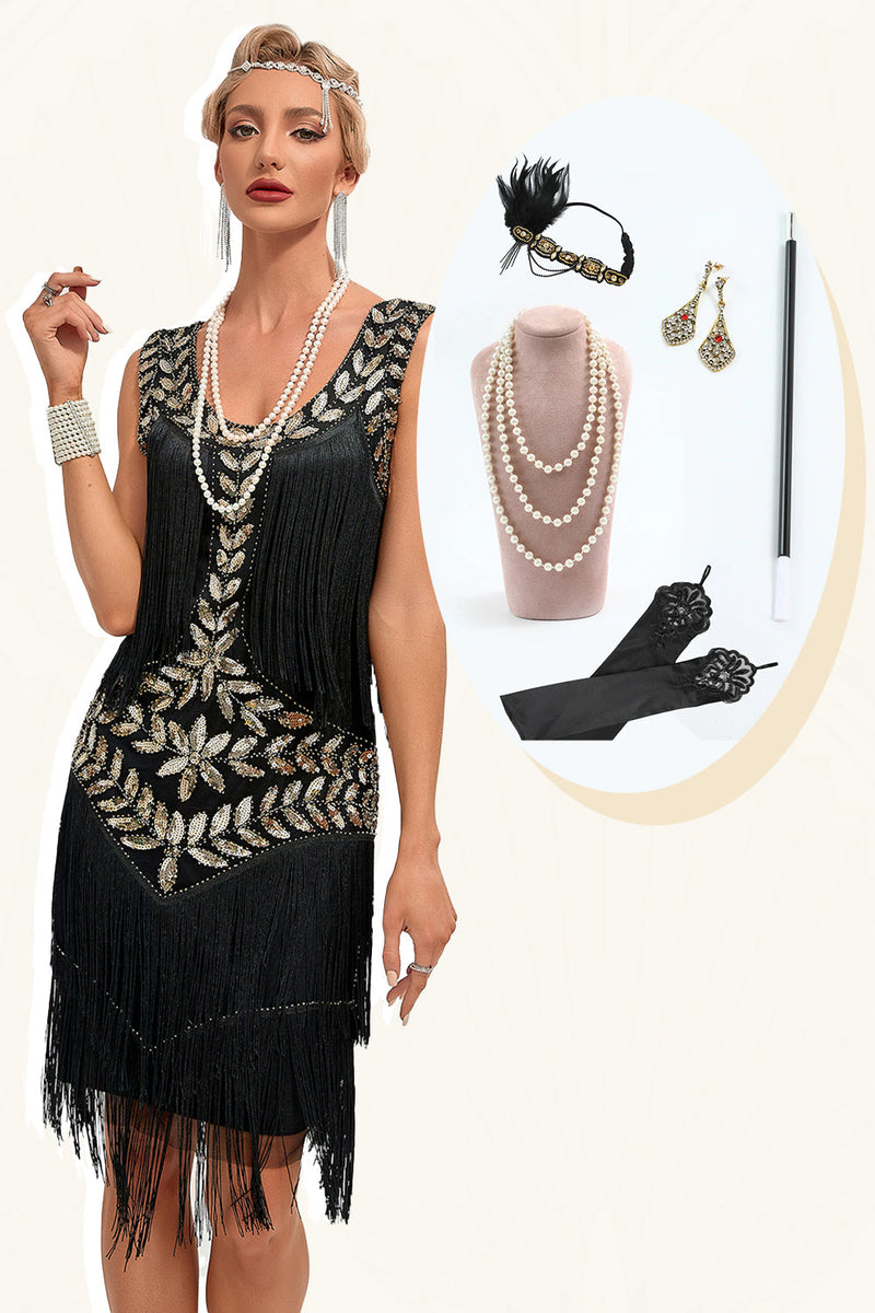 Charger l&#39;image dans la galerie, Paillettes noires paillettes frangées des années 20 Gatsby robe avec accessoires