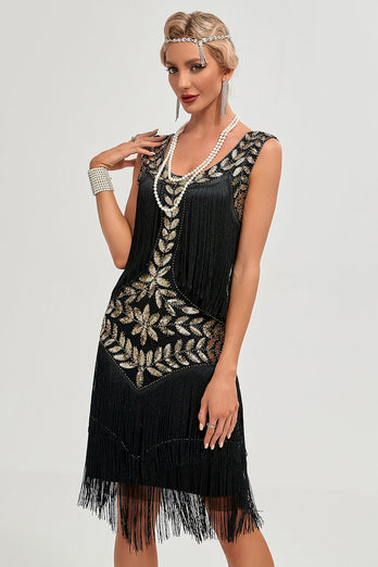 Paillettes noires paillettes frangées des années 20 Gatsby robe avec accessoires