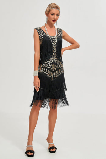 Paillettes noires paillettes frangées des années 20 Gatsby robe avec accessoires