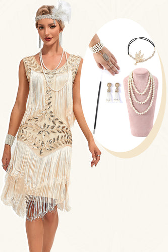 Paillettes Champagne paillettes frangées des années 20 Gatsby robe avec accessoires ensemble