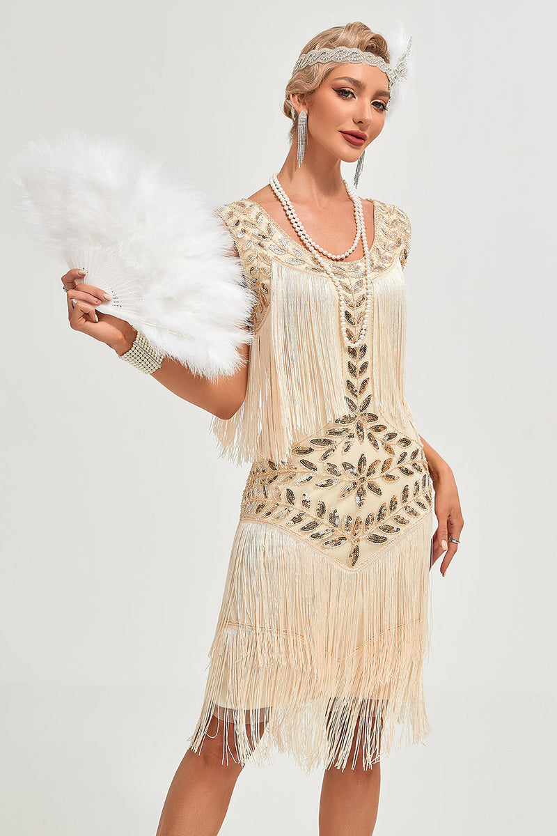 Charger l&#39;image dans la galerie, Paillettes Champagne paillettes frangées des années 20 Gatsby robe avec accessoires ensemble