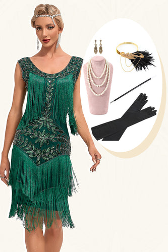 Robe Gatsby le Magnifique à franges de paillettes vert foncé avec ensemble d’accessoires