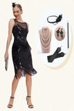 Robe noire scintillante à franges des années 20 avec ensemble d’accessoires