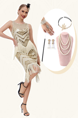 Champagne Glitter Fringes Gatsby Robe avec Accessoires