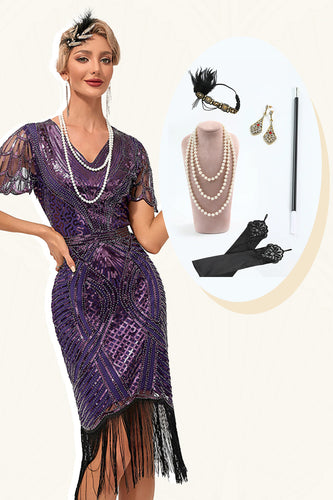 Violet foncé perles franges robe des années 20 avec accessoires ensemble