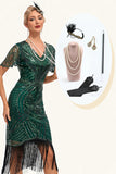 Perles vert foncé paillettes franges clapet robe avec accessoires ensemble