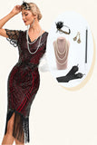 Robe scintillante à franges Bordeaux des années 20 avec ensemble d’accessoires