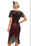 Robe scintillante à franges Bordeaux des années 20 avec ensemble d’accessoires