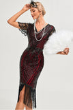 Robe scintillante à franges Bordeaux des années 20 avec ensemble d’accessoires