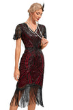 Robe scintillante à franges Bordeaux des années 20 avec ensemble d’accessoires