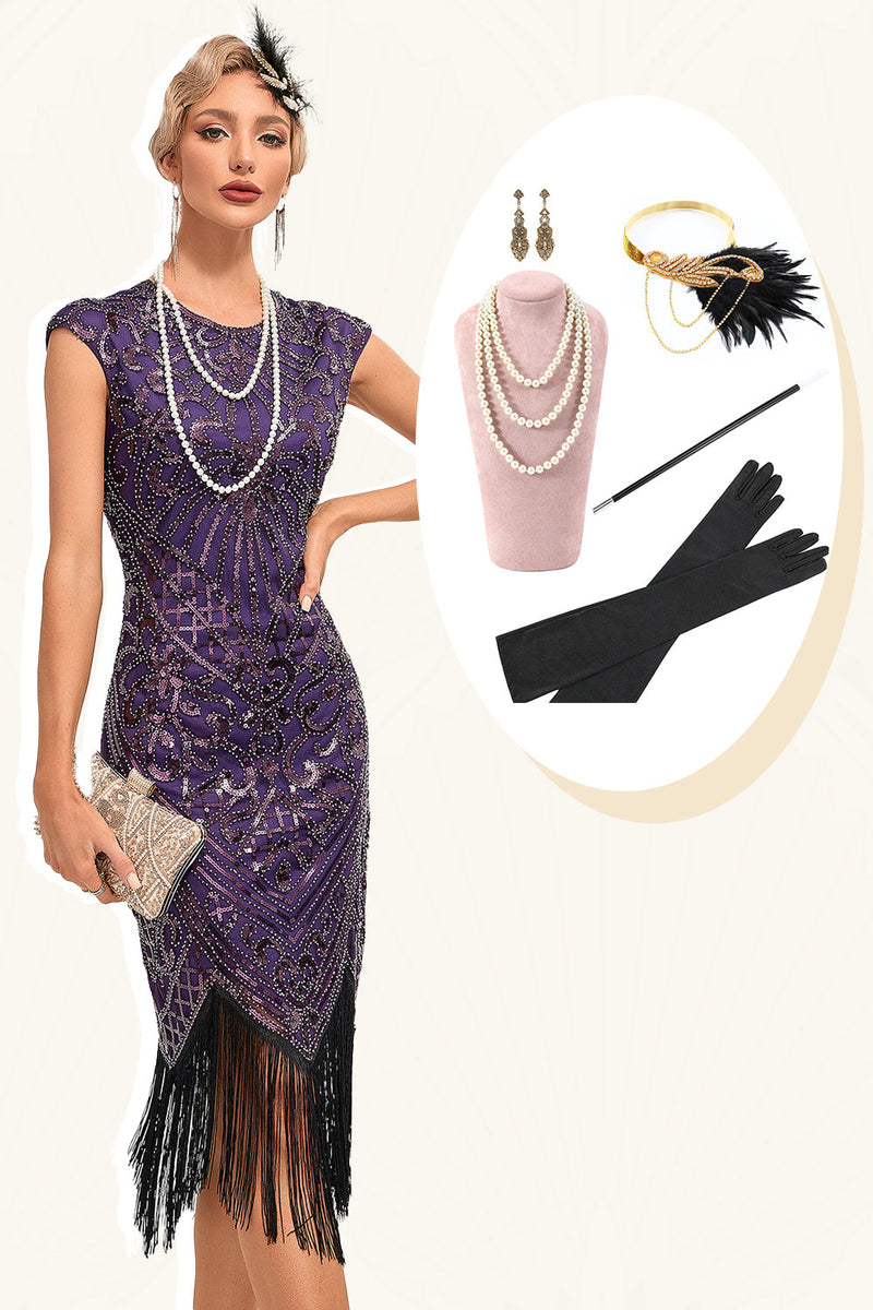 Charger l&#39;image dans la galerie, Franges violet foncé perles robe des années 20 avec accessoires ensemble