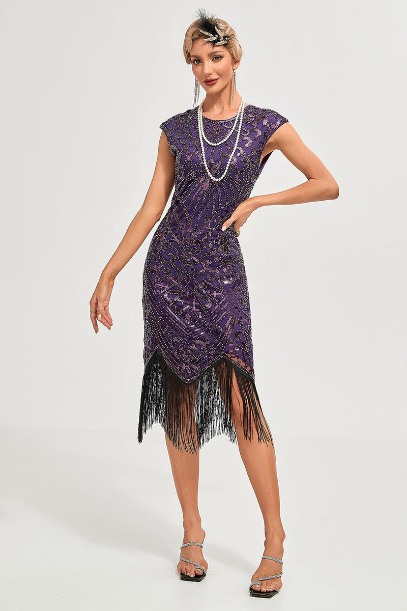 Charger l&#39;image dans la galerie, Franges violet foncé perles robe des années 20 avec accessoires ensemble