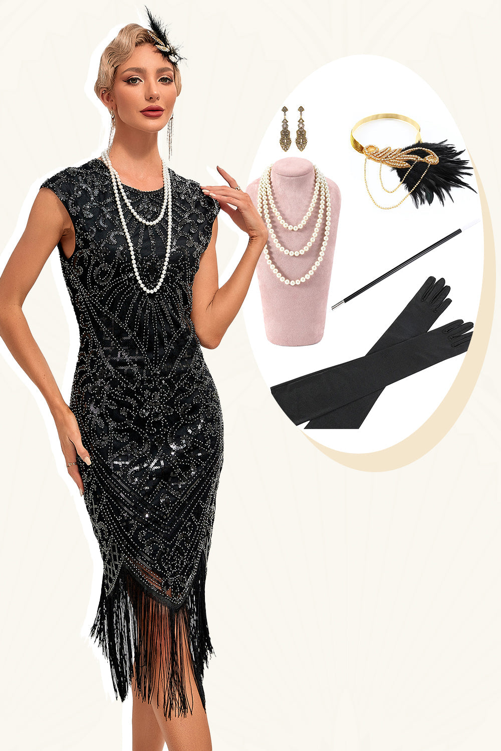 Robe noire sans manches paillettes franges des annees 20 avec ensemble d accessoires