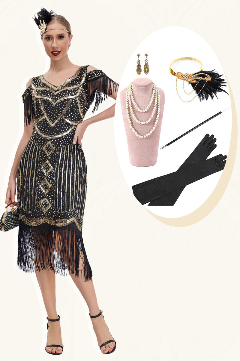 Charger l&#39;image dans la galerie, Noir doré épaule froide frange des années 1920 Gatsby robe avec ensemble d’accessoires des années 20