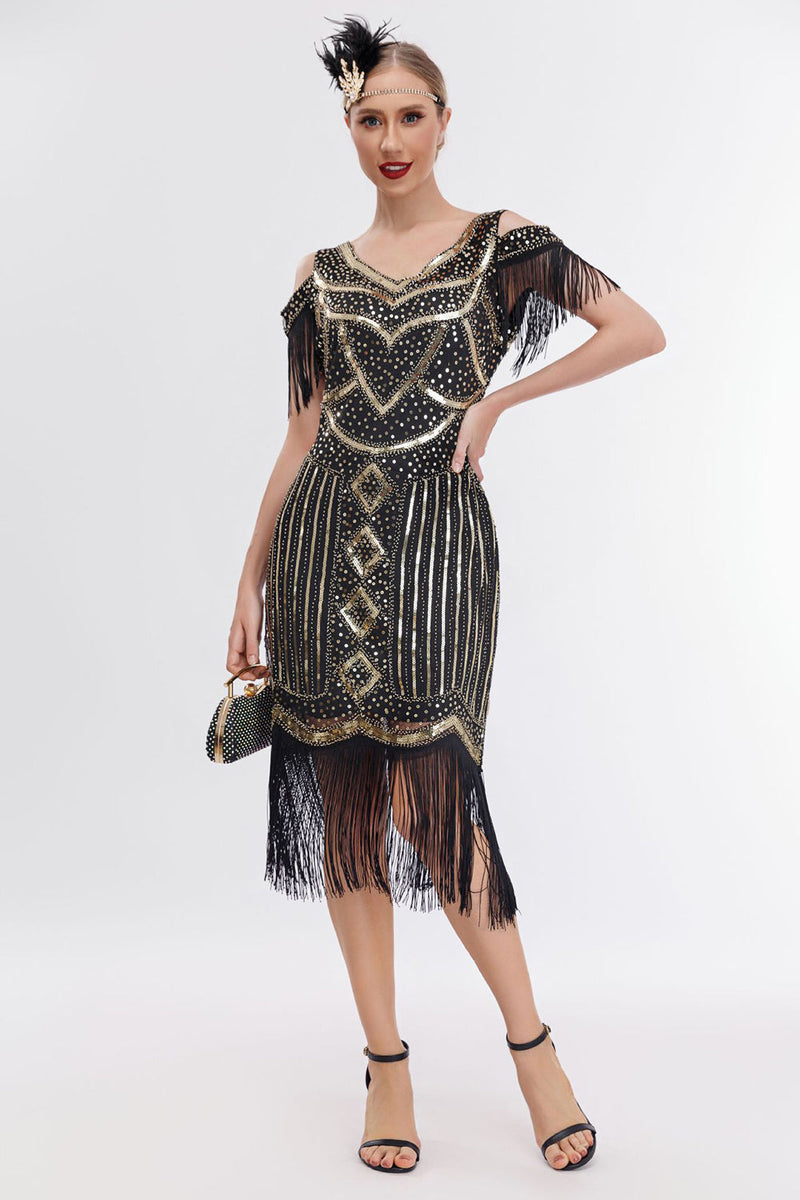 Charger l&#39;image dans la galerie, Noir doré épaule froide frange des années 1920 Gatsby robe avec ensemble d’accessoires des années 20