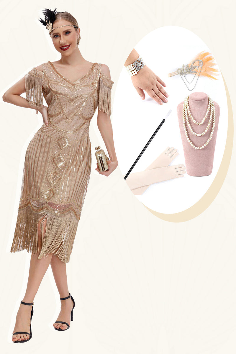 Charger l&#39;image dans la galerie, Champagne épaule froide franges des années 1920 Gatsby robe avec ensemble d’accessoires des années 20