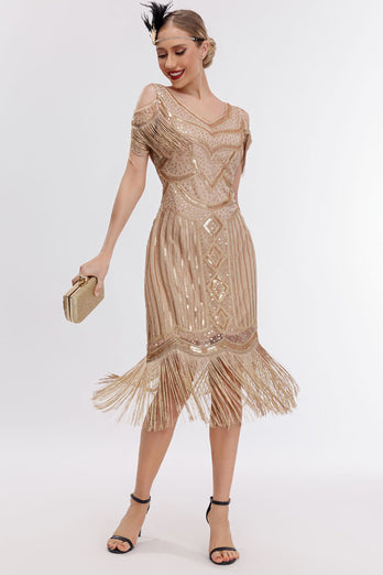 Champagne épaule froide franges des années 1920 Gatsby robe avec ensemble d’accessoires des années 20