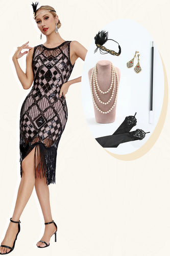 Fard à joues noir scintillant frangé des années 1920 Gatsby robe avec ensemble d’accessoires des années 20