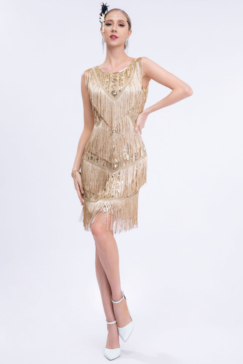 Charger l&#39;image dans la galerie, Abricot frangé des années 1920 Gatsby robe avec paillettes avec ensemble d’accessoires des années 20